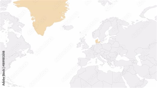 Denmark and Greenland country border on the world map. Animation zoom map in with border and marking of capital cities Denmark and Greenland. Background with alpha channel. Motion design.