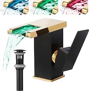 Waterfall Bathroom Faucet Black&Gold Led Light 3 Colors Changing Spout Single Handle Lavatory Vanity Sink Faucet One Hole Matching Pop Up Drain with Overflow Bath Basin Deck Mount Commercial