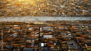 Big data over highway. Futuristic city where every building, car, home appliance, device and person is connected, forming a computer network. Internet of things. Smart cities. Traffic.