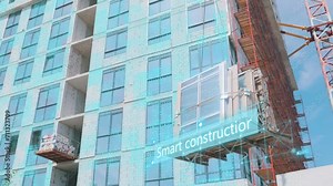 Smart construction site. Visualization of smart construction. A smart construction site. The window block is lifted by crane. Stock Video