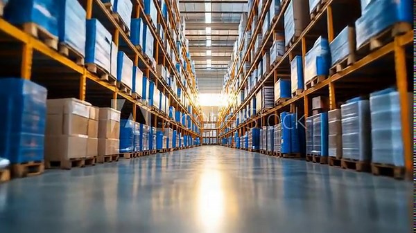 Interior View of a Modern Warehouse with Shelves Full of Goods, Logistics and Distribution Center with Packages, Boxes and Pallets on Racks.