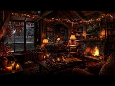 Cozy Rain Ambience in Cabin 🍂 Autumn Rain by the Window 🔥 Piano Jazz Music for Sleep & Focus