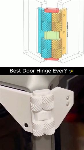 Mechdesign98 on Instagram: "Best Door Hinge Ever?✨🚪 360° Rotation #engineering #mechanism #3dprinting #machine #automation #mechanical #mechanic #automobile #3ddesign #manufacturing This video demonstrates a gear-driven door hinge mechanism. Unlike standard butt hinges, which are mechanically limited to about 180° due to overlapping knuckles and leaf thickness, this design allows full 360-degree rotation. The hinge uses intermeshing helical gears to guide and support the rotation of a single mo