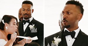 Cheeky Bride Blows Dust Off Her Wedding Vows Before Reading Them To Groom After 15 Years Of Dating