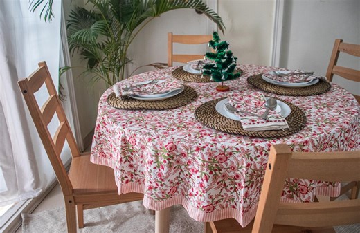 Peach Pink Floral Round Tablecloth: Hand Block Printed Cotton - Etsy