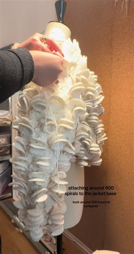 Watch me attach spirals to my iconic RUFFLE JACKET 🤍 made out of 100% recycled cotton #fashion#fashiondesign#slowfashion#crochet#fyp