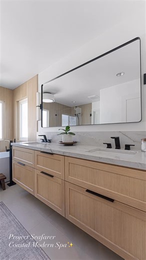 HNK Design on Instagram: "Project Seafarer ✨ A primary bathroom transformed into a coastal modern spa, calm, warm, and intentionally designed. Soft textures, natural tones, and clean lines came together when our clients trusted the process from start to finish. Swipe / watch to see the before ➝ after Would you start your mornings here? Design & styling by: @hnkinteriordesign Built by: @negliacp @custombuiltincorp Photos by: @mpmg_spaces #ProjectSeafarer #CoastalModern #SpaBathroom #sandiegointer