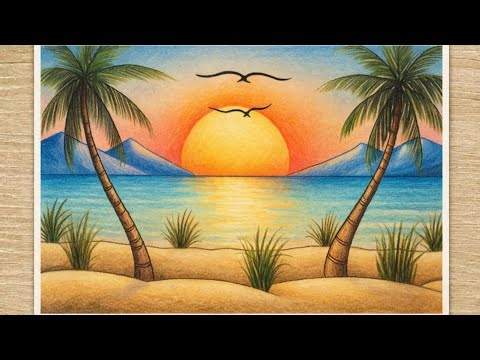 Beautiful Sunset Beach Scenery Drawing | Easy Color Pencil Art | Relaxing Nature Drawing