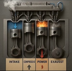 The four-stroke engine cycle includes Intake, Compression, Power, and Exhaust. Air-fuel enters, gets compressed, ignites to produce power, and burnt gases exit. Only the Power Stroke generates energy, while others prepare the cycle. This process repeats rapidly, driving the crankshaft and powering vehicles. #FourStrokeEngine #ICEngine #Automobile #PetrolEngine #DieselEngine #PowerStroke #MechanicalEngineering #CarEngine #EngineCycle #VehiclePower #CareSkillsAcademy | Care Skills Academy