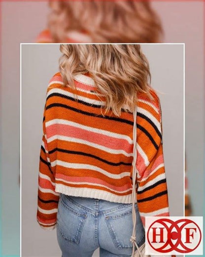 Orange Stripe Drop Shoulder Cropped Pullover Sweater