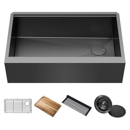 Check The Home Depot's Q&A Before Buying: KRAUS Kore 33 in. Farmhouse/Apron-Front Single Bowl 16 Gauge Black Stainless Steel Kitchen Workstation Sink with Accessories