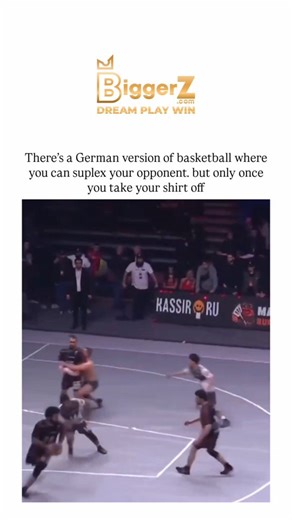 Universal Club on Instagram: "#biggerz The Instagram reel showcases a clip from Rugball, a Russian hybrid sport blending basketball with WWE-style wrestling, where players perform suplexes and takedowns after removing their shirts to signal the move. Despite the caption's humorous claim of a "German version," the video originates from a 2024 Moscow event in BTS Arena, capitalising on the "German suplex" wrestling trope for comedic effect. Rugball's rules permit one shirtless suplex per player to