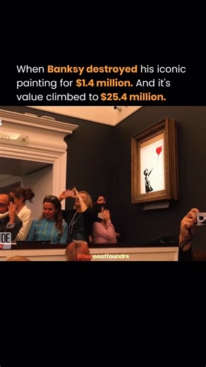 Entrepreneurship | Business | Startup Culture on Instagram: "The auction hammer falls at Sotheby’s London. Banksy’s Girl with Balloon just sold for $1.4 million on October 5, 2018. Cheers erupt—then shreddddd. A hidden mechanism in the frame springs to life, guillotining the canvas halfway through. Gasps, chaos, jaws on the floor. The $1.4M artwork is now confetti. The anonymous buyer? Didn’t flinch. They kept the half-shredded masterpiece, rechristened Love Is in the Bin. Banksy later spilled:
