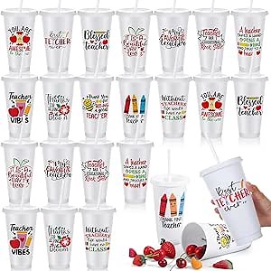 Skylety 24 Pcs Teacher Appreciation Gifts Bulk 24 oz Plastic Teacher Cups with Lids Straws Reusable Teacher Water Bottle for Women Teacher Employees Coworker Birthdays Gifts 12 Styles
