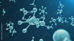 3D animation molecule structure. Scientific medical background with atoms and molecules. Blue background. Scientific animation for your banner, text. Molecule consists of atoms chemical element