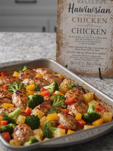Easy Hawaiian Sheet Pan Chicken! Say goodbye to boring weeknight dinners! This Hawaiian Sheet Pan Chicken is a colorful, sweet, and savory masterpiece that comes together on just ONE tray. Juicy marinated chicken breasts baked alongside crisp bell peppers, broccoli, and sweet, caramelized pineapple chunks. It’s high-protein, packed with micronutrients, and perfect for your weekly meal prep! #bariatric #highproteinmeals#goviral #fypシ