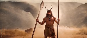 A scene from early civilization: one warrior in traditional attire ready for the hunt on rugged terrain