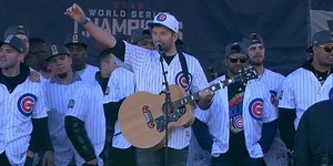 The Cubs joined the crowd in singing 'Go Cubs Go' at the World Series parade