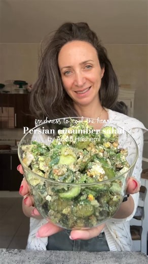 Yasmine Idriss Tannir on Instagram‎: "This fresh, cooling, crunchy Persian cucumber salad with avocado is super easy to make and is loaded with herbs, nuts and a tangy dressing- it holds so much flavor! Recipe by Arash of @shredhappens Sending lots of love and prayers to all my Iranian friends. My beautiful knives are from @mysekkin الوصفة باللغة العربية في التعليقات. Persian cucumber salad 6 small cucumbers, thinly sliced 2 ripe avocados, cubed 1 small shallot, finely chopped A handful of mint 
