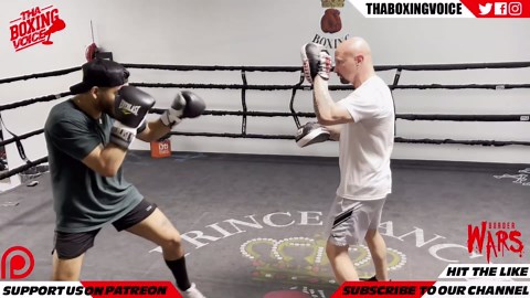 Abram Martinez & Bones Adams working on hand target focus mitts drill at Bones Adams gym | Training