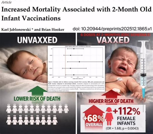 Robin D on Instagram: "🚨BREAKING STUDY: Infant Vaccination Increases DEATH Risk by Up to 112% vs Unvaccinated Louisiana Department of Health death records reveal that infants vaccinated at 2 months are FAR more likely to die in the following month than unvaccinated infants. 📈+68% higher death risk overall after full 2-month CDC schedule (DTaP, rotavirus, HIB, polio, pneumococcal, and HepB vaccines) compared to unvaccinated. 📈+112% higher death risk in female infants 📈+68% higher death risk i