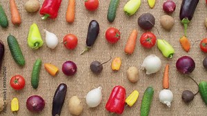 Top down stop motion animation of variety of fresh vegetables moving to sides on burlap fabric and creating copy space in the center Stock Video