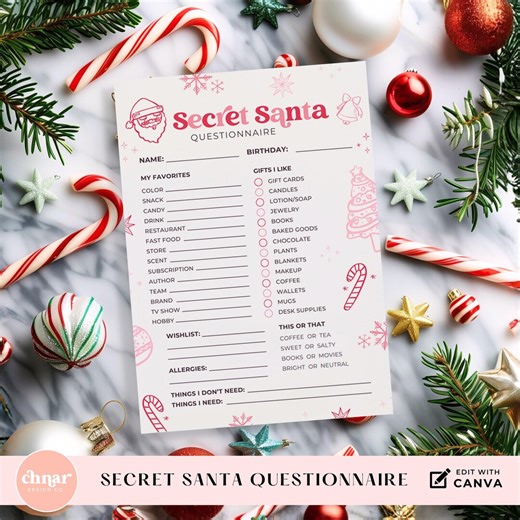 Secret Santa Questionnaire Editable Template, Christmas Gift Exchange Survey, Printable Office Holiday Party Game, Wishlist Edit in Canva - Etsy