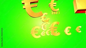 Golden euro symbol on green screen floating around. Animation loop of cartoon color euro symbol on green background, transparent background, alpha channel with mask 4k video