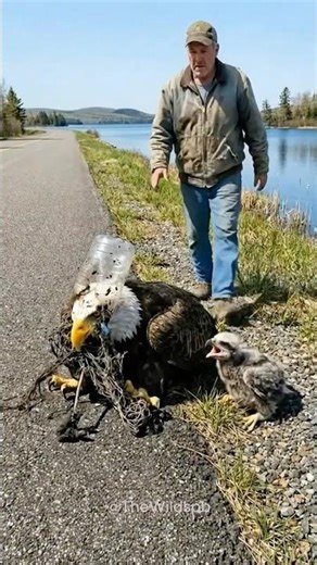 Rescuing a Bald Eagle Trapped by the Road — Its Eaglet Crying Beside It