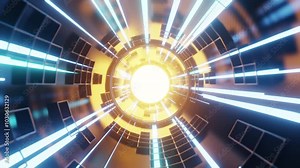 Modern futuristic effect footage abstract technology background with glowing futuristic lines splash out from light in the end of tunnel. 3D render.