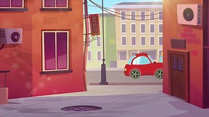 Cartoon city street with red car and buildings