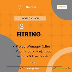 #WorldVision is hiring Project Manager (Ultra Poor Graduation): Food Security & Livelihoods APPLY NOW------>>>>> https://somalijobs.com/jobs/baidoa/13280304612410200/project-manager-(ultra-poor-graduation):-food-security-&-livelihoods Deadline: 11th May 2023 #Somalijobs | Somali Jobs | Facebook
