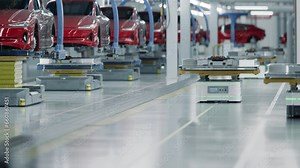 EV Production Line on Advanced Bright Smart Factory. High Performance Electric Car Autonomous Manufacturing. Car Batteries being Attached to Electric Vehicles on Assembly line. AGV Transport Batteries