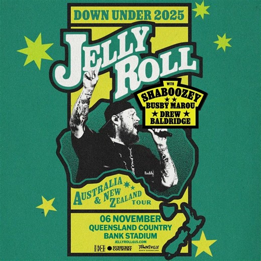 𝗔𝗡𝗡𝗢𝗨𝗡𝗖𝗘𝗗 📣 We called, and Jelly listened! It's official folks! Jelly Roll is bringing his Down Under 2025 tour to Townsville's Queensland Country Bank Stadium on Thursday 6 November 🎤🔥 In a huge coup for the city, the breakout US country rock artist will headline the stadium's first festival-style event - the Sunburnt Country Festival. Joined by Shaboozey, Busby Marou and Drew Baldridge - this all-ages event will be like none the city has ever seen! Put these dates in your phone 📲 