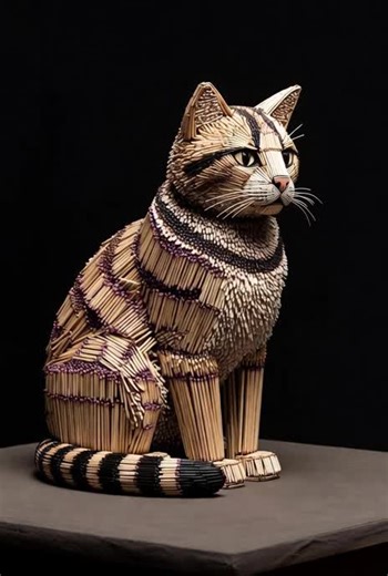 Incredible Matchstick Cat Statue Creation