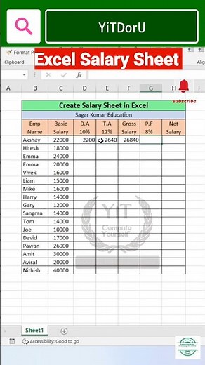 Excel Salary Sheet in 30 Seconds 🤯 | Automatic Salary Calculation Trick | YiTDoru #excelsalary