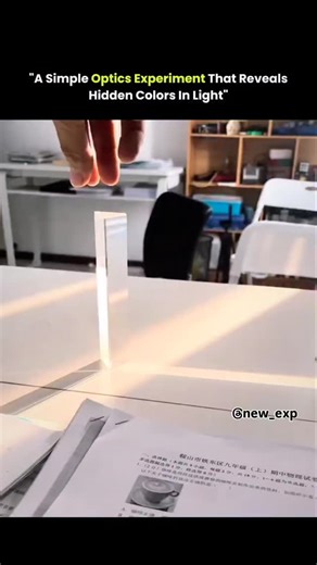 new explain_ on Instagram: "This experiment reveals the science behind how white light is actually made of many colors. When a single beam of white light enters a glass prism, it slows down and bends, a process called refraction. Because each color in white light has a different wavelength, each one bends by a different amount as it passes through the glass. Red light bends the least, while violet bends the most. As the light exits the prism and bends again, these small differences spread the co