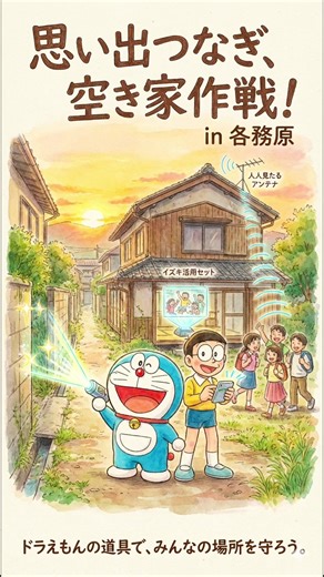 🏠 のび太と「思い出つなぎ」の空き家作戦 「ドラえも〜ん！各務原の素敵な場所がなくなっちゃうよ！」 のび太が泣きながら部屋に飛び込んできました。 話を聞くと、長年地域のために頑張ってきた「NPO法人だいじょうぶ」の主宰者さんが、高齢のために活動を終えることになったそうです。でも、その活動拠点である家が、道が狭くて車が入れなかったり、建て替えが難しかったりと、このままでは消えてしまうかもしれないのです。 「うーん、せっかく地域に愛された場所なのに、壊してしまうのはもったいないね」 ドラえもんがポケットから取り出したのは…… 1. 『どこでも蛇口』と『リフォーム・ビーム』 まずは**『どこでも蛇口』。どんなに道が狭くても、必要なエネルギーや資源をどこからでも引き込めます。さらに『リフォーム・ビーム』**で、建蔽率（けんぺいりつ）や法律の壁をちょっと横に置いておいて、今の建物の良さを活かしたまま、ピカピカに修繕しました。 2. 『高層マンション化エレベーター』…ではなく『居抜き活用セット』 「重機が入らないなら、解体なんてしなきゃいいんだ！」 ドラえもんは、家の中にある備品や思い出をそのま
