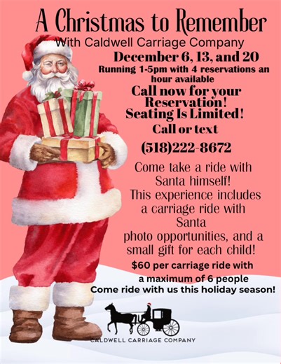 Tap into the magic of the season with a festive horse-drawn carriage ride in beautiful Lake George! Gather your loved ones for a truly unforgettable experience as you ride along the twinkling streets with Santa Claus himself! Enjoy the soft clip-clop of the horses, and create memories that will warm your heart for years to come. | Caldwell Carriage Company