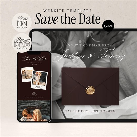 Chocolate Brown Envelope Save the Date Website Template: Minimalist DIY Wedding Website (digital Download) - Etsy