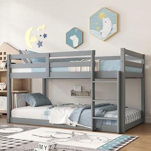 Bunk Bed Twin Over Twin, Low Twin Size Floor Bunk Beds with Ladder, Solid Wood Junior Bunk Bed for Bedroom, No Box Spring Needed-Gray