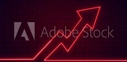Red neon line graph with upward trend and grid overlay on dark background, Dynamic data visualization for financial and economic reports, Great for analytics and growth tracking.