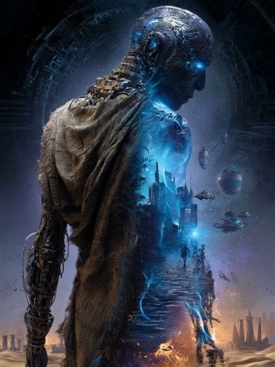 Highly detailed sci-fi fantasy poster of an ancient alien-human hybrid figure with bioluminescent skin, standing in front of the ruins of their own civilization. #scifivibes #timetravel