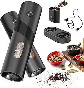 CIRCLE JOY Electric Rechargeable Salt and Pepper Grinder Set Top-Refill Automatic Pepper Mill Grinder with Charging Base, Adjustable Coarseness, Easy Filling Larger Capacity with Led for Home Kitchen