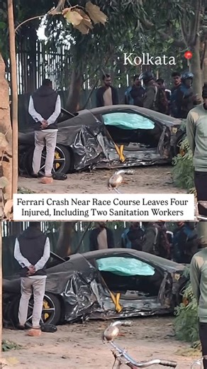 The Mobile Reporter on Instagram: "Ferrari Crash Near Race Course Leaves Four Injured, Including Two Sanitation Workers Kolkata woke up to another high-speed scare on December 9, 2025, after a Ferrari lost control near the Race Course stretch, rammed into a lamp post, and finally slammed into a tree. The impact was so violent that the front of the car crumpled like paper, leaving four people injured. According to police sources, the luxury car was carrying a father and son who suffered multiple 