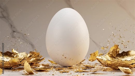 A white egg with broken golden shell fragments explodes outwards