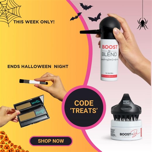 🎃🎃 HALLOWEEN Sale 🎃🎃 Use code ‘TREATS’ and get FREE SHIPPING storewide! 🧙 BOOST hair volume instantly while disguising hair loss or thinning with our unique women's-only hair loss solution! ✨ Boost N Blend’s 100% natural cotton hair fibres! ✨ Just shake away and experience voluminous hair with instant results! A quick, easy-to-use application helps reduce mess and minimise wastage - it’s the perfect solution for busy women! 🌟 100% Money back guarantee 🌟 All natural, cotton fibres that cli
