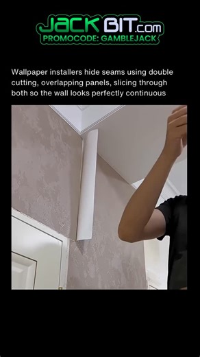 Science hub on Instagram: "The video shows how a wallpaper installer hides seams using the double-cutting method. Two wallpaper sheets are slightly overlapped on the wall. The installer then uses a sharp blade to cut through both layers at the same time in a straight line. After removing the excess strips from each sheet, the remaining edges fit together perfectly, creating a clean, invisible seam. This method works because both edges are cut in the exact same line, eliminating gaps, overlaps, o