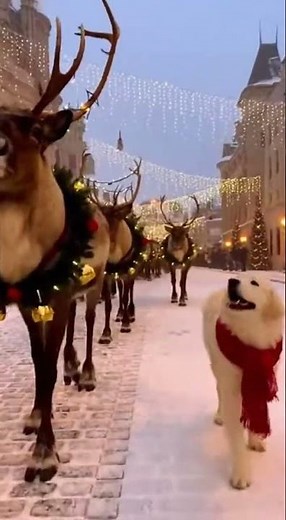 Reindeer Parade in Magical Snowy Christmas Town Holiday Wonderland with Pets