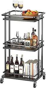 3-Tier Rolling Serving Bar Cart, Wood and Metal Kitchen Island Storage Cart with Wheels, Multifunction Utility Cart Storage Rack for Home, Kitchen, Bar, Dinning Room, Living Room (Black)